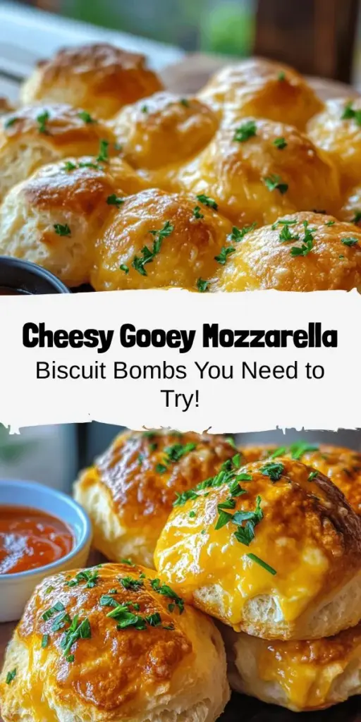 Indulge in the ultimate cheesy snack with Gooey Mozzarella Biscuit Bombs! These delightful treats feature flaky biscuit dough surrounding a gooey melted mozzarella center, infused with savory garlic and herbs. Perfect for any occasion, they’re quick to make and can be customized with your favorite fillings. Serve them warm with marinara sauce for a truly irresistible appetizer. Get ready to impress at your next gathering! #CheesySnacks #BiscuitBombs #ComfortFood #SnackIdeas #Appetizers #EasyRecipes