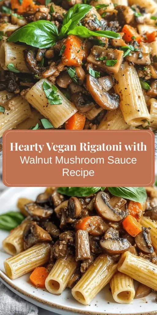Discover a hearty dish that's perfect for anyone craving comfort food: Rigatoni with Vegan Walnut Mushroom Meat Sauce. This plant-based delight features a rich sauce made from walnuts and mushrooms, delivering robust flavors and essential nutrients. Packed with protein and healthy fats, it's satisfying without compromising on taste. Enjoy a guilt-free meal that’s easy to make and full of flavor. #VeganRecipes #ComfortFood #PlantBased #HealthyEating #PastaLovers #CookingAtHome