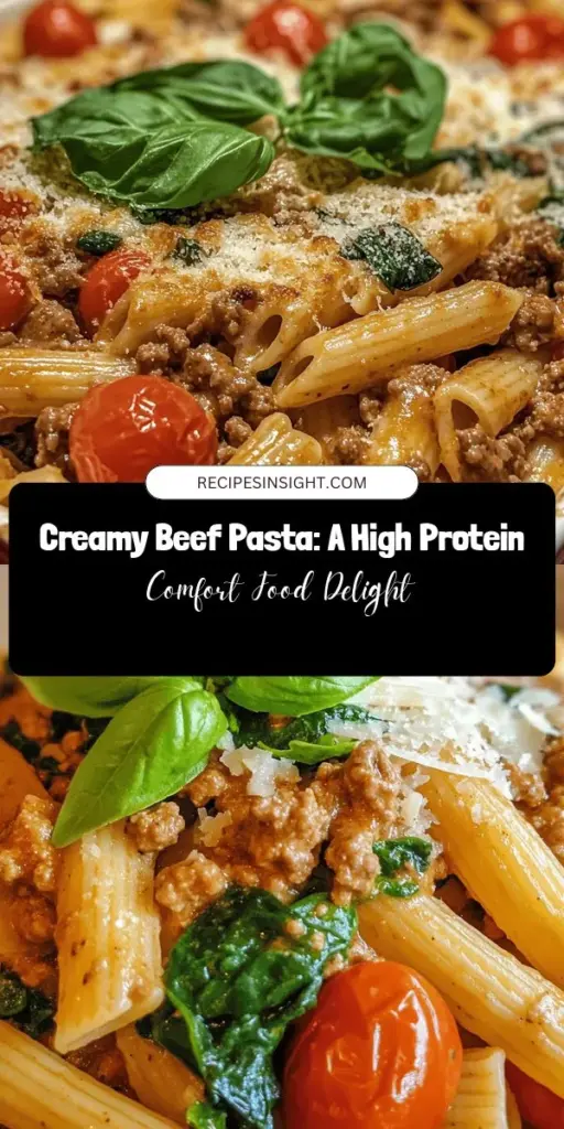 Discover the creamy goodness of high protein creamy beef pasta, a delicious meal that’s both satisfying and nutritious! This recipe features lean ground beef, whole wheat pasta, and fresh veggies like spinach and cherry tomatoes. Perfect for busy nights, it delivers a hearty dish without compromising on health. Enjoy the rich flavors while fueling your body with essential nutrients. Try it tonight for a family-friendly dinner! #ProteinPasta #HealthyRecipes #ComfortFood #FamilyDinner #MealPrep #NutritiousMeals