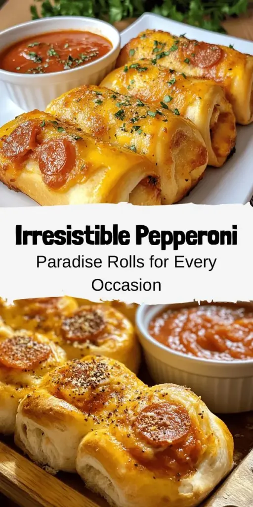 Indulge in the warm, cheesy goodness of Pepperoni Paradise Rolls! These irresistible rolls are packed with pepperoni, gooey mozzarella, and fragrant herbs, making them the perfect snack or appetizer for any occasion. Whether it's a family get-together, party, or game day, everyone will love these homemade delights. Join the culinary adventure and impress your guests with this easy-to-follow recipe! #PepperoniRolls #CheesyGoodness #HomemadeSnacks #Appetizers #BakingFun #GameDaySnacks