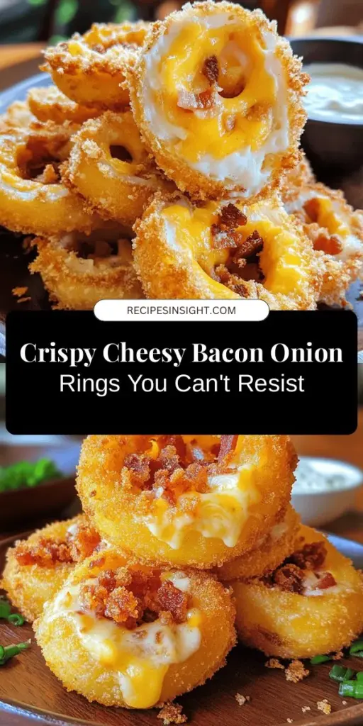 Indulge in the ultimate comfort food with Cheesy Bacon Onion Rings! This easy recipe takes a classic appetizer to new heights, featuring crispy fried onion rings stuffed with gooey cheddar cheese and savory bacon. Perfect for game day, parties, or movie nights, these irresistible bites are sure to impress. Get ready to enjoy crispy textures and a delightful flavor explosion in every bite! Try them today! #SnackTime #ComfortFood #Appetizer #OnionRings #CheesyBacon