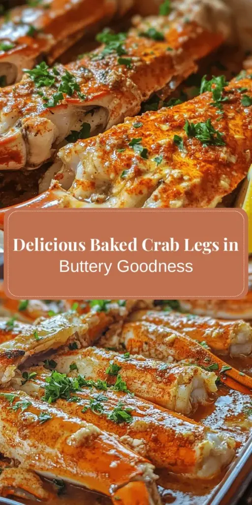 Indulge in the ultimate seafood treat with our Baked Crab Legs in Butter Sauce! This easy recipe showcases the sweet, succulent crab meat infused with rich butter and aromatic seasonings. Perfect for special occasions or a cozy night in, you'll impress your guests with this delicious dish. Choose between snow or king crab legs, and enjoy the health benefits while ensuring sustainability. Dive into a flavorful experience today! #Seafood #CrabLegs #BakedCrab #ButterSauce #EasyRecipes #DinnerParty #HealthyEating #CleanEating