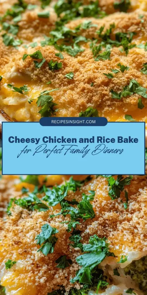 Discover the ultimate comfort food with our Cheesy Chicken & Rice Bake Delight! This one-dish meal packs juicy chicken, fluffy jasmine rice, vibrant broccoli, and a creamy sauce all topped off with gooey cheddar cheese. Perfect for busy weeknights or cozy family dinners, this casserole is sure to please everyone around the table. Easy prep and less mess make it a family favorite! #CheesyChicken #OneDishMeal #ComfortFood #FamilyDinner #Casserole #EasyRecipes