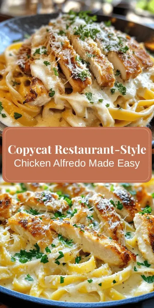 Indulge in the creamy, comforting goodness of homemade Chicken Alfredo with this easy-to-follow recipe! Transform your kitchen into an Italian eatery as you recreate this classic dish, featuring tender chicken, rich Alfredo sauce, and perfectly cooked fettuccine. Plus, enjoy the benefits of customizing flavors to suit your tastes. Elevate your next meal with this ultimate copycat recipe! #ChickenAlfredo #PastaRecipes #ComfortFood #HomemadeDeliciousness #ItalianCuisine