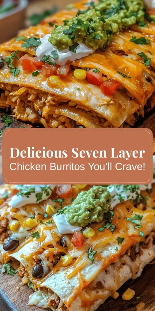 Experience a burst of flavors with Seven Layer Chicken Burritos! These delicious burritos combine shredded chicken, black beans, corn, fresh veggies, and creamy guacamole, all wrapped in a soft tortilla. Perfect for family dinners or meal prep, they're not only satisfying but also customizable to fit your dietary needs. Packed with nutrients and bursting with taste, these burritos are a must-try for any occasion! #Burritos #Chicken #HealthyEating #MealPrep #Foodie #MexicanCuisine