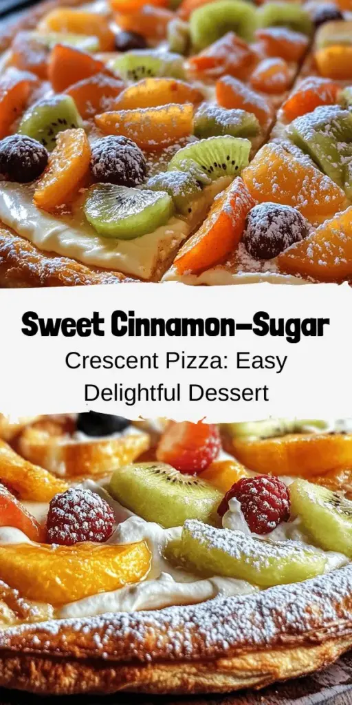 Treat yourself to a Sweet Cinnamon-Sugar Crescent Pizza, the easiest and most indulgent dessert you'll love! With just a few ingredients, this recipe turns crescent roll dough into a delightful sweet treat that’s perfect for any occasion. Top it with a creamy layer of sweetened cream cheese, and add fresh fruits or nuts for a delightful twist. It's simple to prepare and sure to impress! #DessertPizza #CinnamonSugar #EasyBaking #SweetTreats #FamilyFavorites #CrescentRolls #BakingJoy