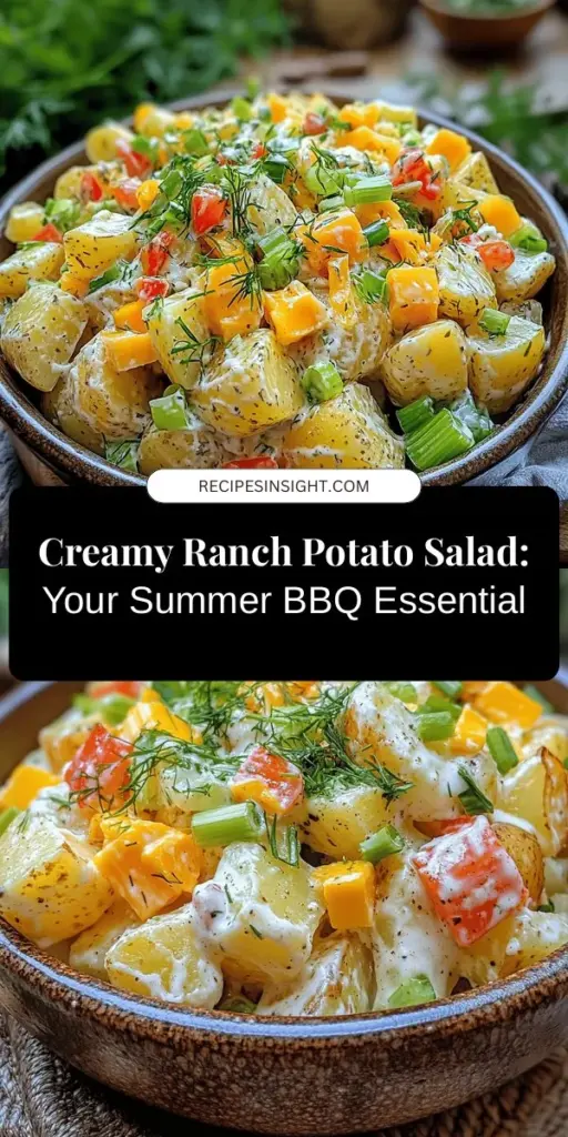 Elevate your summer gatherings with this deliciously creamy Ranch Potato Salad, the perfect side dish for barbecues, picnics, and potlucks. Made with baby potatoes, tangy ranch dressing, fresh vegetables, and sharp cheddar cheese, this recipe is both satisfying and flavorful. Easy to make and packed with nutrients, it’s a crowd-pleaser that will leave everyone wanting more. Try it out for your next event! #PotatoSalad #Ranch #SummerRecipes #BBQ #PicnicFavorites