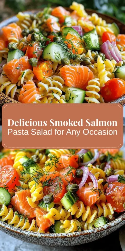 Discover the delicious world of smoked salmon pasta salad! This nourishing dish combines flavorful smoked salmon with fresh veggies and pasta, making it perfect for light lunches, side dishes, or summer gatherings. It's packed with omega-3s, vitamins, and antioxidants, offering health benefits alongside its delightful taste. Prep it ahead for convenience and enjoy a satisfying meal anytime! Try this recipe today! #SmokedSalmon #PastaSalad #HealthyEating #MealPrep #SummerRecipes