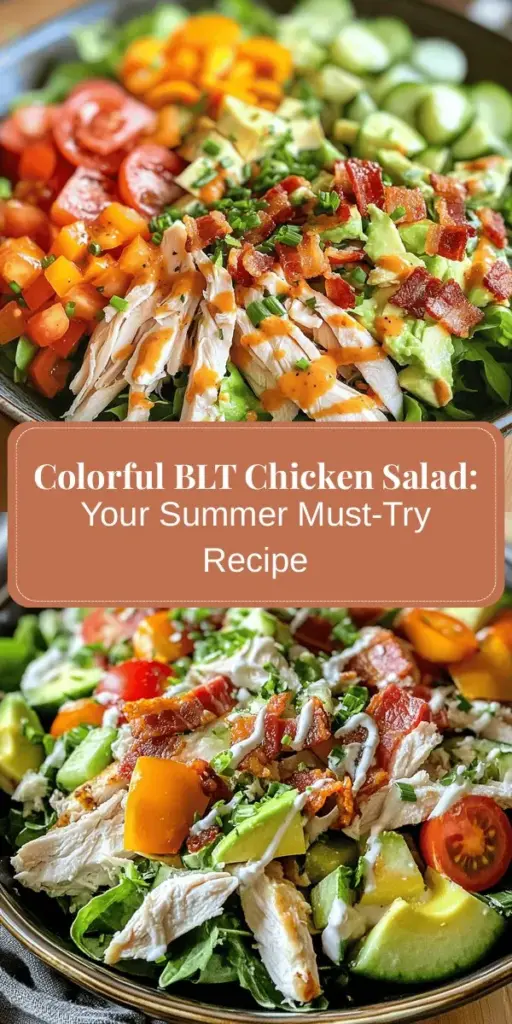 Elevate your summer meals with this Crisp & Colorful BLT Chicken Salad! Combining classic BLT flavors with tender chicken, crispy turkey bacon, and vibrant veggies, this salad is both nutritious and delicious. Perfect for lunch or dinner, it's easy to make and loaded with essential nutrients. Enjoy the freshness of summer in every bite while keeping your diet healthy. Try it today! #SummerSalad #HealthyEating #BLTChickenSalad #MealPrep #FreshIngredients