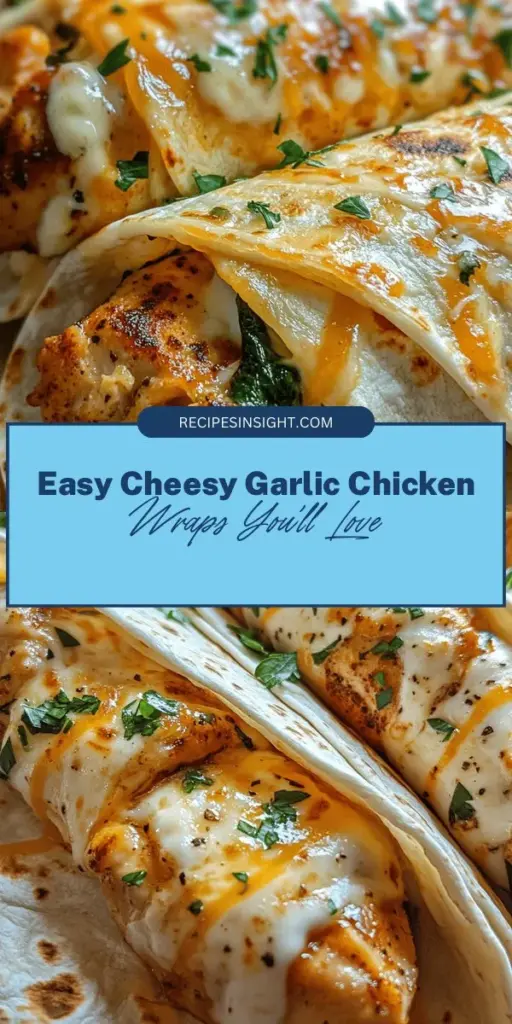 Looking for a quick and delicious meal? Try Cheesy Garlic Chicken Wraps! This easy recipe combines marinated chicken, melted mozzarella, and fresh spinach all wrapped in a soft tortilla. Perfect for lunch, dinner, or a snack, these versatile wraps are fully customizable to suit your taste. With a savory garlic kick and creamy cheese, each bite is a flavorful adventure. Enjoy this satisfying dish that’s perfect for any occasion! #CheesyGarlicChicken #WrapRecipe #EasyMeals #HealthyEating #Foodie