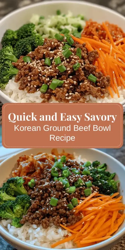 Looking for a quick and delicious meal for busy weeknights? Try this Savory Korean Ground Beef Bowl! With its perfect blend of savory, sweet, and umami flavors, this dish comes together in just 30 minutes. Featuring ground beef, soy sauce, brown sugar, and fresh veggies over rice, it’s nutritious and satisfying. Customize it with your favorite ingredients for a weeknight delight that the whole family will love! #KoreanCuisine #GroundBeefBowl #QuickDinner #WeeknightMeals #Foodie