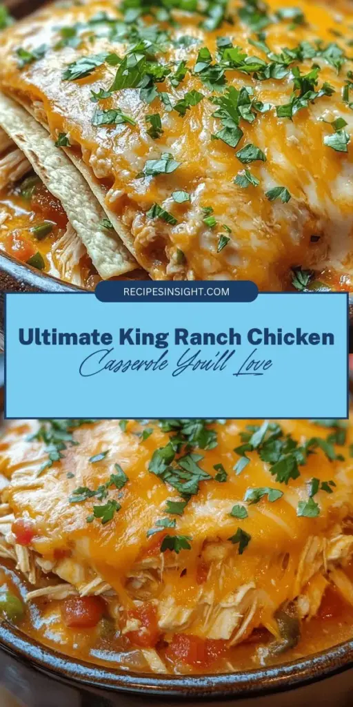 Discover the Ultimate King Ranch Chicken Casserole, a classic comfort food that warms the heart and satisfies the appetite. This Texan dish layers shredded chicken, creamy soups, colorful veggies, and cheesy goodness, all wrapped in corn tortillas. Perfect for busy weeknights or family gatherings, it’s easy to prepare and serves a crowd! Enjoy the delicious flavors and customizable options that make it your new favorite recipe! #ComfortFood #Casserole #KingRanchChicken #TexanCuisine #EasyRecipes #FamilyDinner #CheesyGoodness