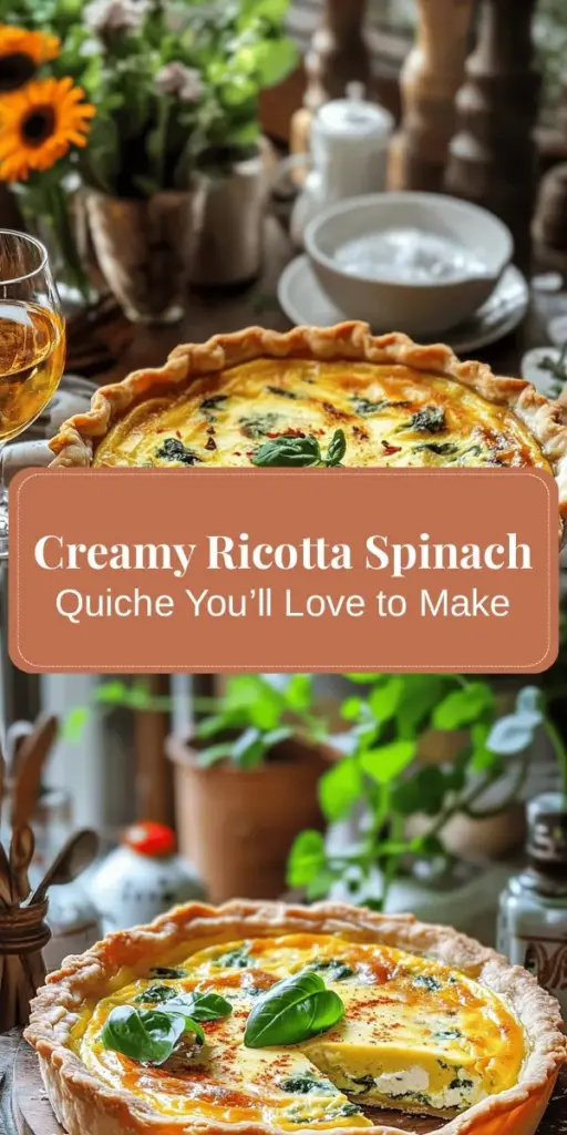 Discover the delightful flavors of a creamy ricotta spinach quiche perfect for any meal! This easy recipe combines fresh spinach, rich ricotta cheese, and a flaky crust for a nutritious and satisfying dish. Whether it's for brunch, lunch, or dinner, this versatile quiche is bound to impress your family and friends. Plus, you can customize it with your favorite ingredients! Try making this delicious quiche today! #Quiche #Ricotta #Spinach #HealthyRecipes #HomemadeCooking #BrunchIdeas #EasyRecipes #YummyFood