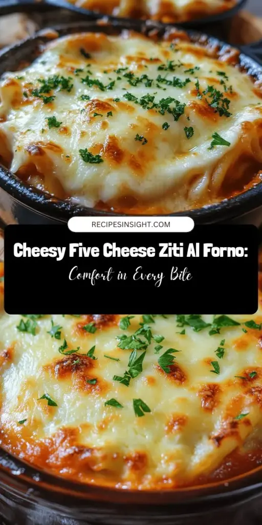 Indulge in the ultimate comfort food with Five Cheese Ziti Al Forno! This creamy, cheesy pasta bake features a delightful blend of ricotta, mozzarella, provolone, Parmesan, and Asiago, creating a rich and satisfying dish perfect for family gatherings or cozy nights at home. With layers of flavor, a golden crust, and a heartwarming touch, it's sure to become a beloved favorite in your recipe collection. Share the love of cheesy goodness around your dinner table! #PastaRecipe #CheesyGoodness #ComfortFood #ItalianCuisine #FamilyDinner #ZitiAlForno