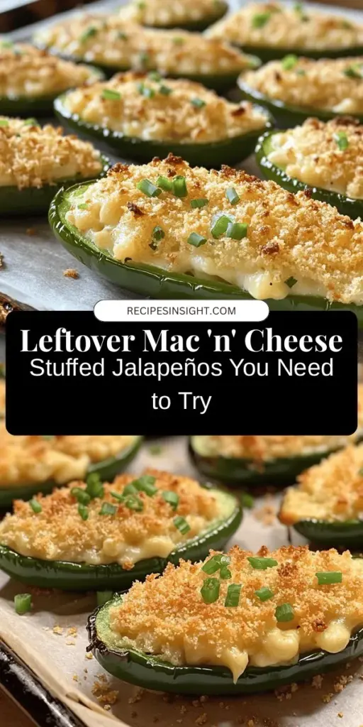 Revamp your leftovers with this easy and delicious Leftover Mac 'n' Cheese Stuffed Jalapeños recipe! Transform your extra mac 'n' cheese into a spicy appetizer that is perfect for gatherings or a unique weeknight treat. With creamy mac 'n' cheese blended with fresh jalapeños and topped with cheese, every bite is a flavor explosion. Join the sustainable cooking trend by minimizing food waste and enjoying a fun culinary twist! #LeftoverMakeover #StuffedJalapenos #SustainableCooking