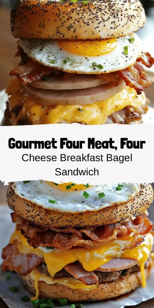 Start your day with a gourmet twist! This Four Meat, Four Cheese Bagel Breakfast Sandwich combines the savory goodness of bacon, sausage, ham, and turkey bacon, layered with cheddar, Swiss, provolone, and pepper jack, all nestled in an everything bagel. Perfect for the busy foodie, this hearty breakfast is a delicious way to fuel your morning. Try it out for a satisfying taste explosion! #BreakfastSandwich #GourmetBreakfast #Foodie #BagelLovers #WeekendBrunch