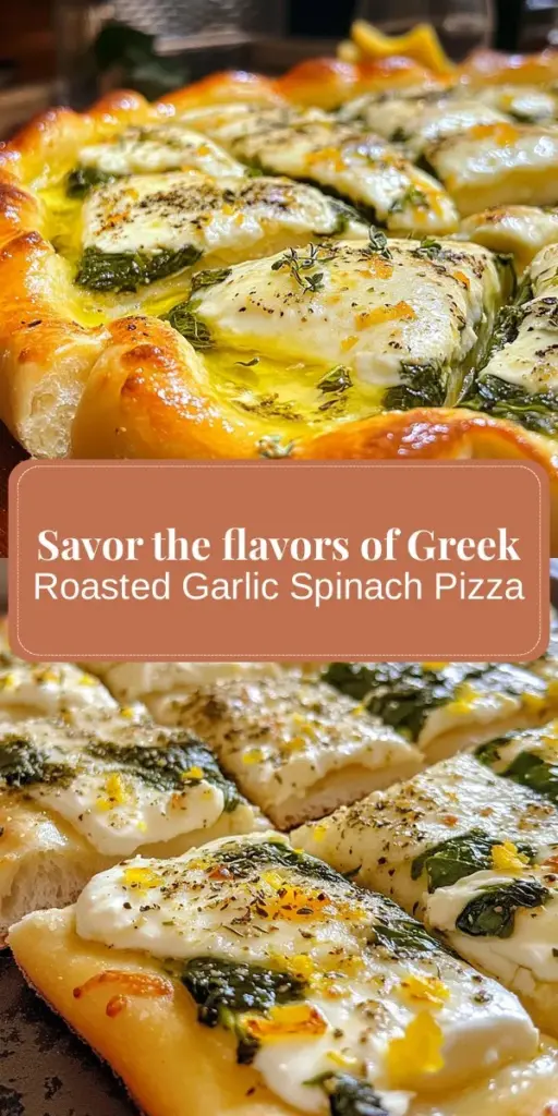 Embark on a flavorful journey with homemade Greek Roasted Garlic Spinach White Pizza! This delightful dish combines fresh baby spinach, aromatic roasted garlic, and a creamy blend of ricotta, feta, and mozzarella cheeses. With a touch of lemon and a sprinkle of oregano, every bite bursts with authentic Mediterranean taste. It’s not just a pizza; it's a healthy indulgence that your taste buds will love! Perfect for any occasion. #GreekPizza #HealthyEating #MediterraneanCuisine #HomemadePizza