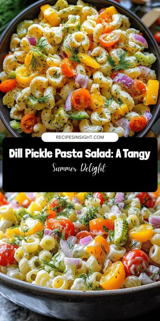 Elevate your summer gatherings with this delicious Dill Pickle Pasta Salad! Perfect for picnics and potlucks, this unique dish combines tender pasta, crunchy dill pickles, and colorful veggies, all tossed in a creamy and tangy dressing. It's a refreshing twist on a classic recipe that is sure to impress friends and family. Discover the delightful flavor combinations and enjoy this crowd-pleasing salad at your next event! #PastaSalad #DillPickle #SummerRecipes #PicnicFood #DeliciousSalads