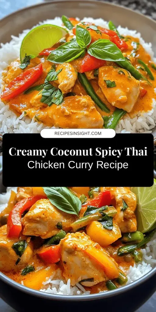 Indulge in the vibrant flavors of Spicy Thai Chicken Curry with Creamy Coconut Bliss! This delicious dish balances spicy and creamy elements, featuring tender chicken, rich coconut milk, and colorful veggies. Perfect for a cozy night in or impressing guests, this recipe is both nutritious and delightful. Discover the essence of Thai cuisine in your kitchen! #ThaiCurry #SpicyChicken #CoconutMilk #HomeCooking #Foodie #DeliciousRecipes #HealthyEating #ComfortFood