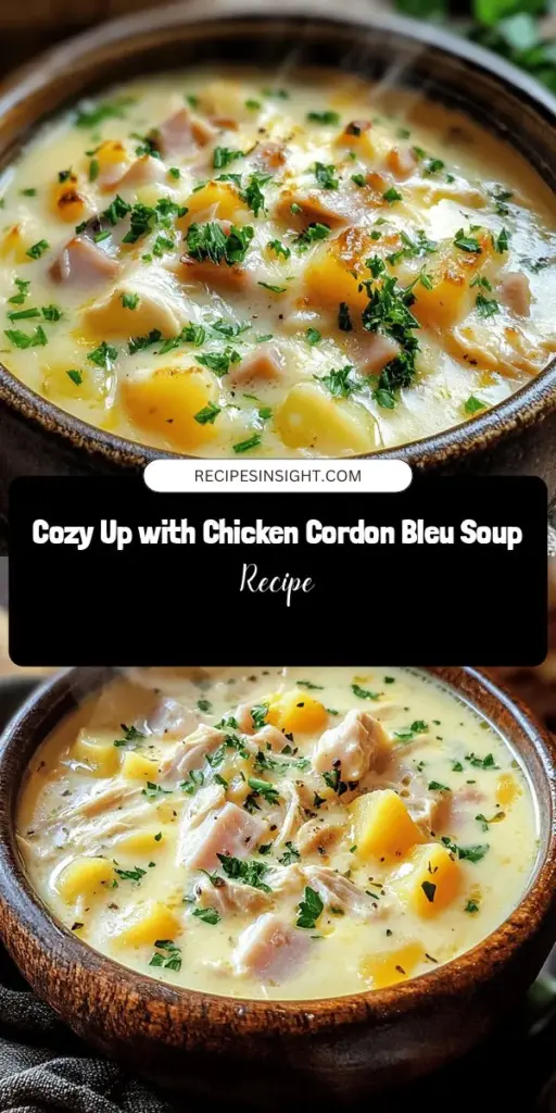 Warm up with a delightful bowl of Chicken Cordon Bleu Soup, a comforting twist on the classic dish! Packed with tender chicken, savory ham, and creamy cheeses, this soup brings all the flavors you love into a cozy bowl perfect for chilly evenings. It's easy to prepare, ideal for family gatherings, and can be customized to fit dietary needs. Dive into this heartwarming recipe today and enjoy the rich taste of nostalgia! #ChickenCordonBleu #ComfortFood #SoupRecipes #FamilyDinner