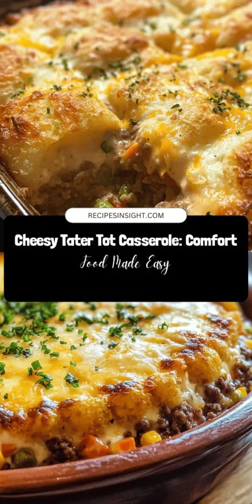 Discover the ultimate comfort food with this Cheesy Tater Tot Dream Casserole! This hearty dish features crispy tater tots layered with a creamy filling of meat, cheese, and vegetables, making it perfect for family dinners or potlucks. It's easy to customize with different proteins and veggies, allowing you to create a delicious meal tailored to your taste. Dive into nostalgia and warmth with every bite! #TaterTotCasserole #ComfortFood #EasyRecipes #FamilyDinner #CasseroleLove