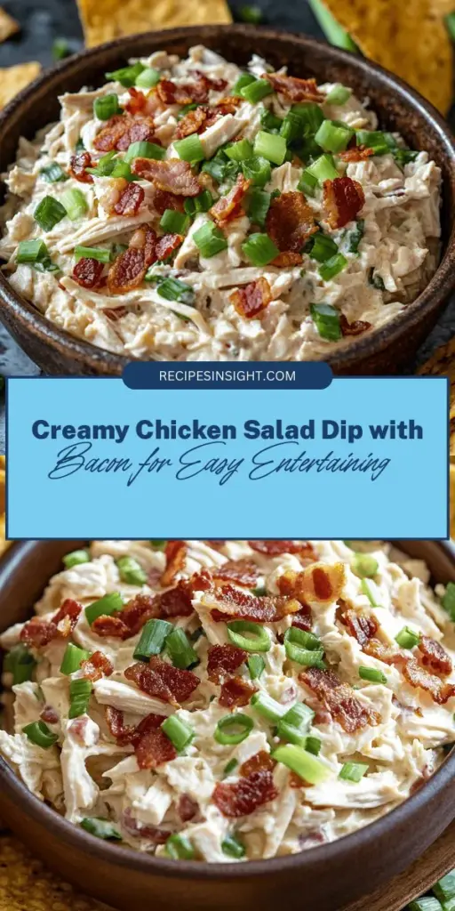 Looking for the perfect appetizer? Try this Chicken Salad Dip with Bacon & Green Onion! It’s creamy, savory, and packed with flavor, making it a hit at any gathering. Quick to prepare and customizable, this dip pairs well with veggies, crackers, or bread. Chill it for a refreshing treat that’s perfect for any occasion. Impress your guests with this easy, delicious recipe! #ChickenSaladDip #Appetizers #PartyFood #BaconLover #EasyRecipes