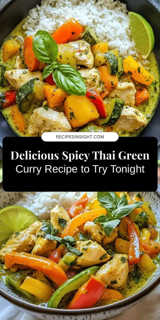 Discover the vibrant flavors of Spicy Thai Green Curry with Chicken and Veggies! This colorful dish combines tender chicken, fresh vegetables, and aromatic spices in a creamy coconut base, making it both delicious and healthy. Perfect for any occasion, this recipe allows for customization to suit your taste. Dive into the essence of Thai cooking and impress your family with this easy-to-make curry! #ThaiCuisine #GreenCurry #HealthyRecipes #CookingAtHome