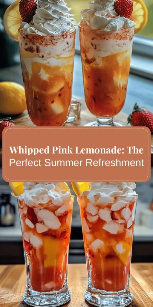 Get ready to elevate your summer sipping with this Whipped Pink Lemonade recipe! This vibrant and refreshing drink combines the tang of fresh lemons and the sweetness of strawberries, topped with a fluffy whipped cream layer. Perfect for summer parties or a cozy afternoon, it's visually stunning and delicious. Try it out for a fun twist on classic lemonade! #WhippedPinkLemonade #SummerDrinks #RefreshingBeverages #LemonadeRecipe #PartyDrinks