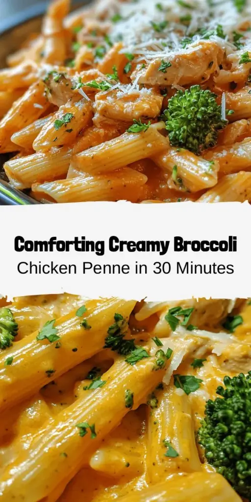 Savor the comforting flavors of Creamy Broccoli and Chicken Penne! This delicious pasta dish combines tender chicken, vibrant broccoli, and al dente penne in a rich, creamy sauce that’s easy to whip up in under 30 minutes. Packed with nutrients and bursting with flavor, it's perfect for busy weeknights or family dinners. Customize it with your favorite veggies or protein for a personalized twist. Try it out tonight! #Pasta #ComfortFood #HealthyRecipes #EasyDinner #ChickenPenne