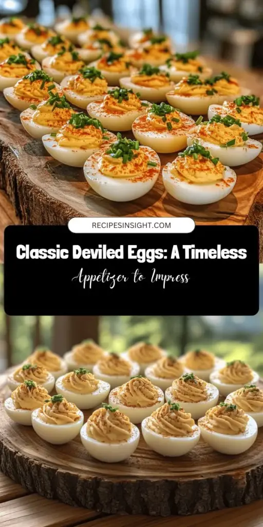 Discover the delicious world of deviled eggs with this classic recipe! Perfect for any gathering, these creamy, flavorful bites are easy to make and can be customized to suit everyone's taste. With a rich history and numerous variations, deviled eggs are sure to impress your guests. Learn how to make the best version with fresh ingredients and step-by-step instructions. Ideal for parties, brunch, or picnics! #DeviledEggs #ClassicRecipe #Appetizers #ComfortFood #HomemadeGoodness