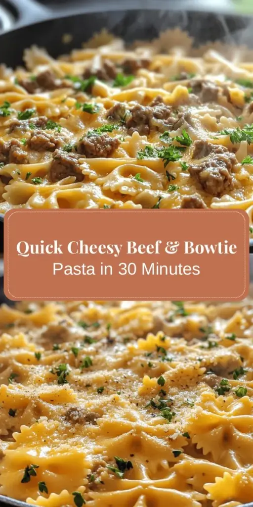 Discover the ultimate comfort food with this Cheesy Beef & Bowtie Pasta in Garlic Butter recipe! Perfect for busy weeknights, this dish combines delicious seasoned ground beef with bowtie pasta, all enveloped in a creamy garlic butter sauce loaded with melted cheese. Ready in under 30 minutes, it’s a family favorite that can be customized with your choice of veggies and proteins. Elevate your dinners with this delightful recipe! #CheesyPasta #ComfortFood #PastaRecipes #EasyDinner #FamilyMeals #QuickRecipes