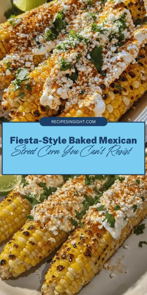 Delight your taste buds with Fiesta-Style Baked Mexican Street Corn! This colorful and creamy dish transforms fresh corn with zesty toppings for a mouthwatering treat perfect for any gathering. It combines the sweetness of corn with the richness of mayonnaise and sour cream, seasoned with chili powder and finished with Cotija cheese and cilantro. Serve it as an appetizer or alongside tacos for a festive feast! #StreetCorn #Elote #MexicanFood #CornRecipes #Foodies #Fiesta #SummerEats