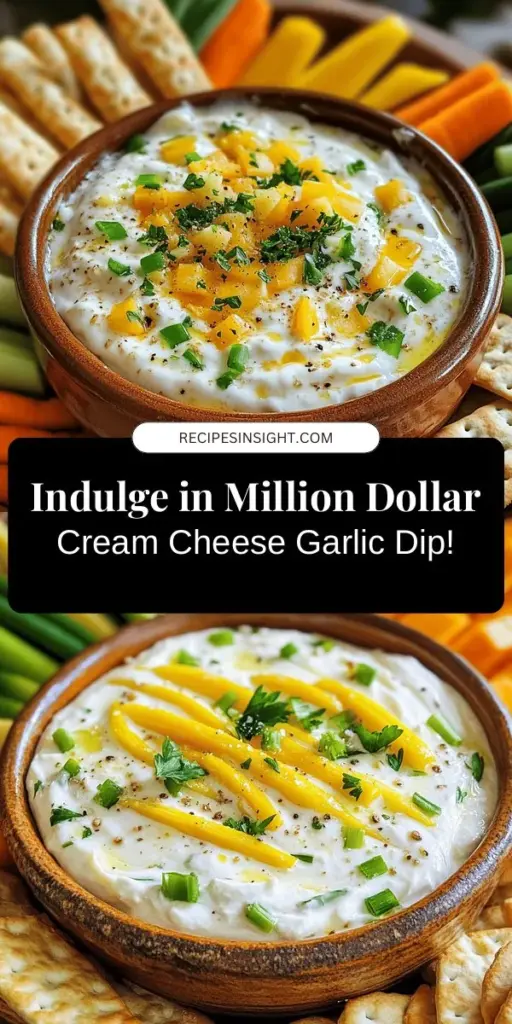 Looking for the ultimate crowd-pleaser? Try the Million Dollar Cream Cheese Garlic Dip! This creamy concoction combines cream cheese, sour cream, cheddar, and parmesan with a bold kick of garlic. Perfect for game nights or elegant gatherings, serve it with veggies, chips, or toasted bread. Chilling it enhances the flavors—even better the next day! Discover this must-have recipe and delight your guests. #Appetizers #Dips #CreamCheese #PartyFood #GameDay #Yummy #SnackTime