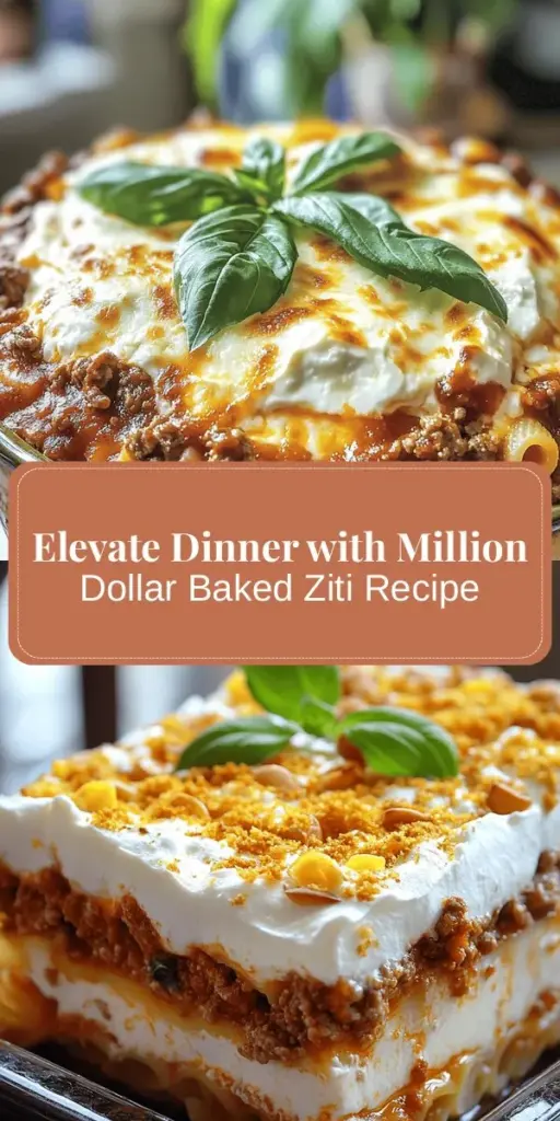 Elevate your dinner game with the Ultimate Million Dollar Baked Ziti! This recipe marries hearty ziti pasta with a rich tomato sauce, savory meats, and a blend of creamy cheeses for a flavor explosion. Perfect for feeding a crowd, it's an easy yet impressive dish to share at family gatherings or potlucks. Follow this step-by-step guide to create a comforting masterpiece that everyone will rave about! #BakedZiti #ItalianComfortFood #FamilyDinner #PastaLovers #CookingRecipe #CheesyGoodness