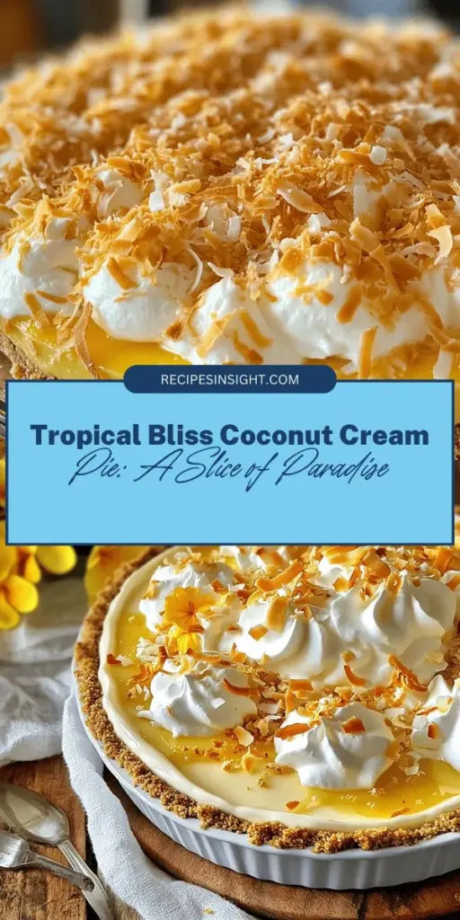 Indulge in the sun-kissed flavors of the Tropical Bliss Coconut Cream Pie! This delectable dessert features a crunchy graham cracker crust, a rich coconut cream filling, and a fluffy whipped topping adorned with toasted coconut flakes. Perfect for any occasion, from summer barbecues to holiday celebrations, this recipe is a must-try. Dive into a delicious tropical experience today! #CoconutCreamPie #TropicalDessert #BakingBliss #SweetTreats #DessertRecipe