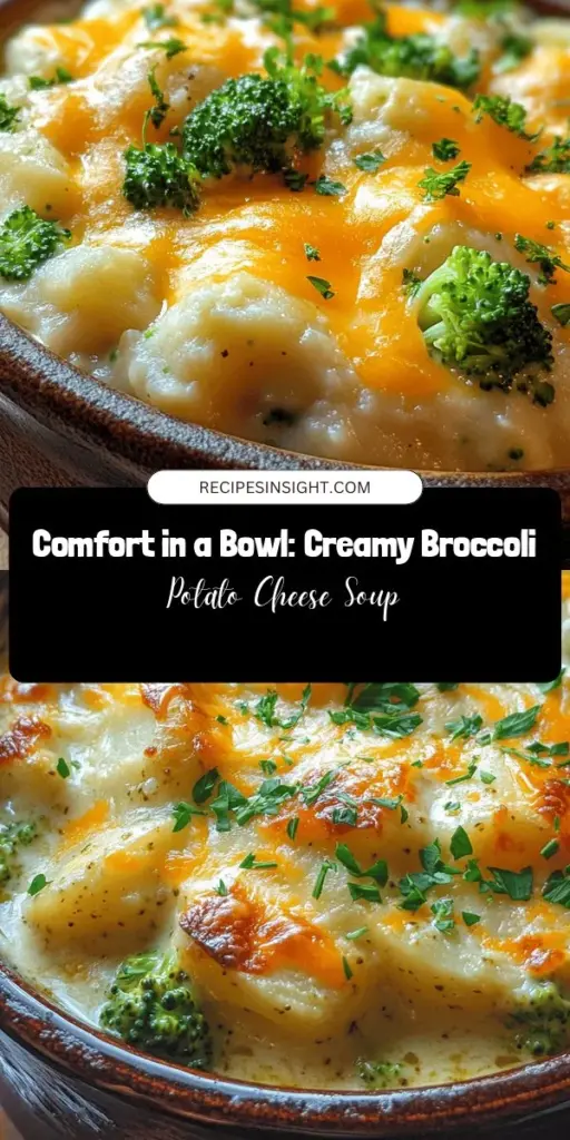 Warm up with this creamy and comforting Broccoli Potato Cheese Delight soup! Packed with nutritious broccoli and hearty potatoes, this delightful dish is perfect for chilly days. With the rich flavors of cheddar cheese and aromatic herbs, it's both satisfying and easy to make. Whether for a family dinner or a cozy weeknight meal, this soup is sure to please everyone at the table. Dive into this delicious recipe today and enjoy every spoonful! #SoupRecipe #ComfortFood #HealthyEating #CookingAtHome #BroccoliSoup