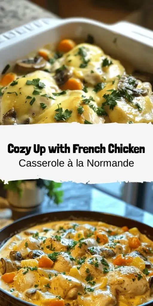 Indulge in the heartwarming flavors of French Chicken Casserole à la Normande, a comforting dish that's perfect for family gatherings or cozy nights in. This delightful casserole combines tender chicken, earthy mushrooms, and vibrant veggies in a rich, creamy sauce with a hint of Normandy's apple cider. It's a celebration of fresh ingredients and culinary heritage, bringing warmth to your table. Try it for your next meal! #ComfortFood #FrenchCuisine #ChickenCasserole #Foodie #HomeCooking