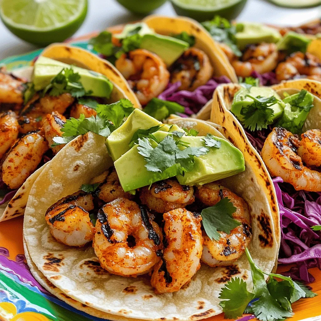 The key ingredients for Bobby Flay's shrimp tacos include fresh shrimp, spices, and toppings. Use one pound of large shrimp. Peel and devein them before cooking. The spices you need are smoked paprika, cumin, garlic powder, cayenne pepper, salt, and pepper. Olive oil helps the spices stick to the shrimp. You also need small corn tortillas, red cabbage, avocado, cilantro, and lime.