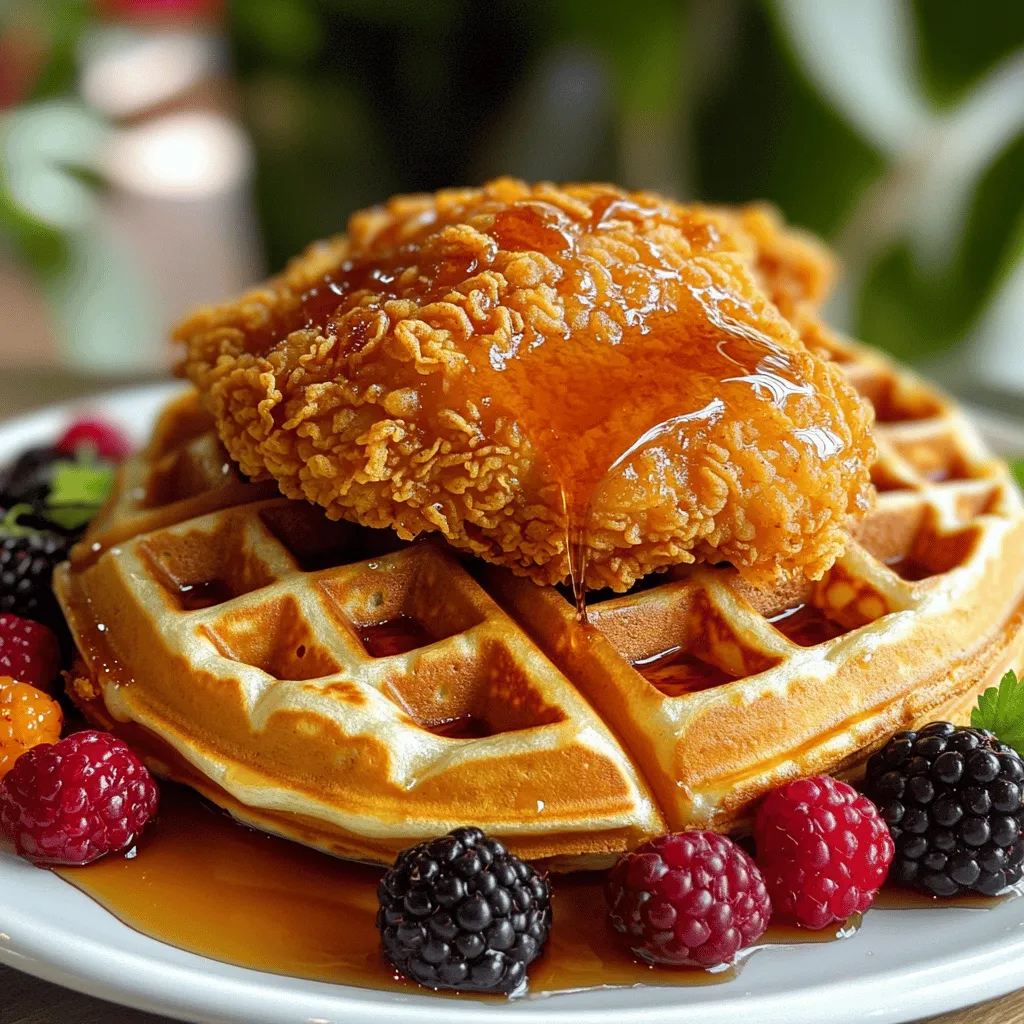 Chicken and waffles is a cozy meal that mixes sweet and savory. This dish combines crispy fried chicken with fluffy waffles. You serve it with maple syrup for a delightful twist.