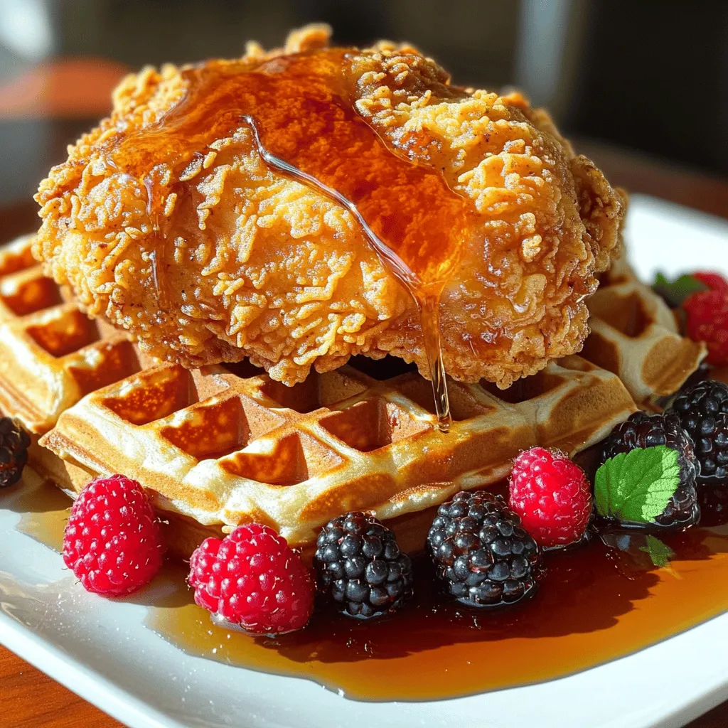 Chicken and waffles is a cozy meal that mixes sweet and savory. This dish combines crispy fried chicken with fluffy waffles. You serve it with maple syrup for a delightful twist.