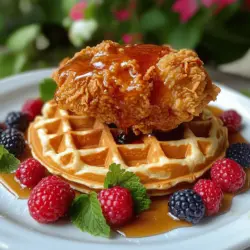 Chicken and waffles is a cozy meal that mixes sweet and savory. This dish combines crispy fried chicken with fluffy waffles. You serve it with maple syrup for a delightful twist.