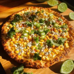 Esquites pizza blends classic pizza with the rich flavors of Mexican street food. This dish uses esquites, a popular corn snack, as its star topping. The corn is cooked, mixed with creamy ingredients, and baked on a crispy crust.