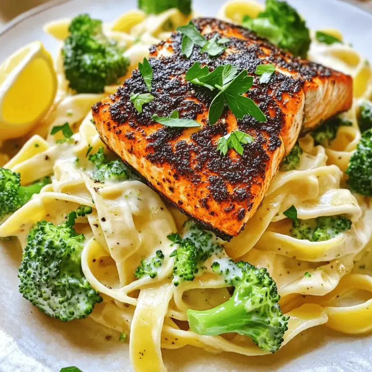 If you're looking for a dish that perfectly marries flavor, texture, and nutrition, look no further than Blackened Salmon with Creamy Broccoli Alfredo. This delectable recipe not only tantalizes the taste buds but also offers a feast for the eyes with its vibrant colors and appealing presentation. The dish features a spicy, smokey salmon fillet that's seared to perfection, complemented by a luscious creamy Alfredo sauce enveloping tender fettuccine, and topped with fresh, bright green broccoli.