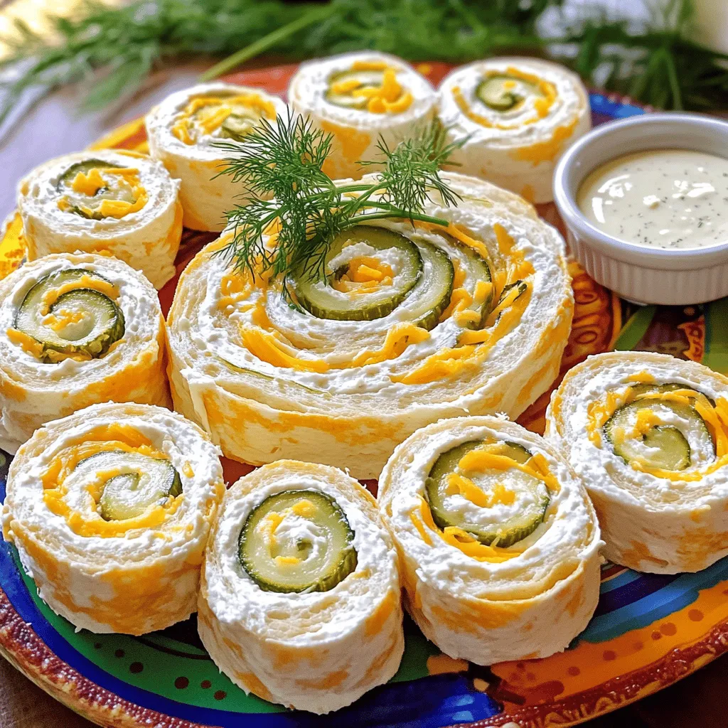 To make dill pickle pinwheels, you need several key ingredients. First, grab <strong>four large flour tortillas</strong>. They serve as the base for your pinwheels. Next, use <strong>eight ounces of softened cream cheese</strong>. This adds a creamy texture and rich flavor.” /></p>
</p>
<h2>What are some serving suggestions for Dill Pickle Pinwheels?</h2>
</p>
<p>When serving Dill Pickle Pinwheels, presentation is key. You want to impress your guests. Arrange the pinwheels on a colorful platter. A round platter works well because it can hold many pinwheels. Place them in a circle or spiral for a fun look. Consider adding a small bowl of ranch dressing in the center. This makes it easy for guests to dip.</p>
</p>
<p>For dips, ranch dressing is a classic choice. Its creamy texture pairs well with the tangy flavor of the pickles. You might also try a spicy chipotle sauce for a kick. A zesty yogurt dip can add a fresh twist too. Each dip enhances the flavor of the pinwheels.</p>
</p>
<p>If you want to get creative, think about adding garnishes. Fresh dill sprigs work great for a pop of color. You can also sprinkle some paprika on top for extra flair. Edible flowers can turn your platter into a work of art.</p>
</p>
<p>To keep things fun, consider using toothpicks. Stick one in each pinwheel. This makes them easy to grab and eat. You can even use colorful toothpicks to add a playful touch.</p>
</p>
<p>For a festive vibe, create a themed platter. Use different types of pinwheels with varying flavors. For example, add a spinach and cream cheese version. This adds color and variety to your spread.</p>
</p>
<p>You can also mix in some other appetizers. Cheese cubes, sliced meats, or veggie sticks can complement your pinwheels. This way, you create a well-rounded snack table for your guests.</p>
</p>
<p>For more ideas, check the Full Recipe. It offers tips on making and storing these tasty bites.</p>
</p>
<h2>What variations can I try with Dill Pickle Pinwheels?</h2>
</p>
<p>You can create many tasty variations of dill pickle pinwheels. You can switch up the cheese or spreads to add new flavors.</p>
</p>
<h3>Can I add different cheeses or spreads?</h3>
</p>
<p>Absolutely! Cream cheese is great, but you can try other cheeses too. Use goat cheese for a tangy twist or pepper jack for a spicy kick. You might like a herb spread for added flavor, too. Each cheese brings a unique taste to your pinwheels.</p>
</p>
<h3>What protein options can I incorporate?</h3>
</p>
<p>Adding protein can make your pinwheels more filling. Try using sliced turkey or ham. You can also use cooked chicken for a heartier option. Crumbled bacon adds a nice crunch and savory flavor. Just mix it in with your other fillings.</p>
</p>
<h3>How can I make healthy or vegetarian pinwheel variations?</h3>
</p>
<p>To make healthy pinwheels, swap regular cream cheese for low-fat or dairy-free options. Use whole wheat tortillas for extra fiber. For a vegetarian option, add fresh veggies like spinach, bell peppers, or cucumbers. You can also include hummus for flavor instead of cream cheese. This way, you keep all the taste while making them lighter.</p>
</p>
<p>Explore these variations to find your favorite flavor combinations. Each new mix will keep your guests excited and satisfied. Check the Full Recipe for the basic steps to make these fun bites.</p>
</p>
<p><img decoding=