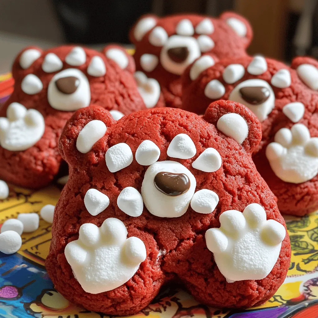 To make red velvet bear cookies, you need key ingredients. First, you'll need 2 ½ cups of all-purpose flour. This gives the cookies structure. Next, use 1 teaspoon each of baking soda and baking powder. These help the cookies rise. Add ½ teaspoon of salt for flavor.