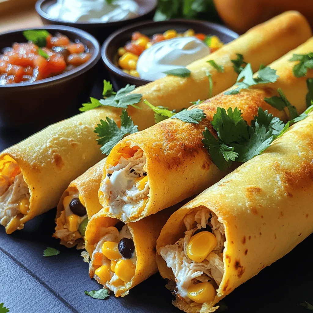 To create crispy chicken taquitos, you need a few key ingredients. The filling is the heart of this dish. You will need <strong>2 cups of cooked chicken</strong>, shredded. This gives the taquitos their main protein. Next, <strong>1 cup of cream cheese</strong> adds a rich, creamy texture. <strong>1 cup of shredded cheddar cheese</strong> brings flavor and helps the filling stick together.” /></p>
</p>
<h2>What are some variations of chicken taquitos you can try?</h2>
</p>
<p>You can enjoy many taquito variations. Each option adds a fun twist.</p>
</p>
<h3>How can you make baked chicken taquitos instead of fried?</h3>
</p>
<p>To make baked chicken taquitos, preheat your oven to 400°F. Use the same filling from the full recipe. After rolling the taquitos, place them on a baking sheet. Brush them lightly with oil. Bake for 15 to 20 minutes. Watch them until they turn golden brown and crisp.</p>
</p>
<h3>What are some spicy chicken taquitos ideas?</h3>
</p>
<p>For spicy chicken taquitos, add diced jalapeños to the filling. You can also mix in some hot sauce. If you want extra heat, use pepper jack cheese instead of cheddar. These small changes make a big flavor difference.</p>
</p>
<h3>How do you incorporate vegetables into your taquito filling?</h3>
</p>
<p>Adding vegetables is easy. Chopped bell peppers or spinach work well. You can also try corn and black beans, which are in the original recipe. Just mix them into the filling before rolling. This adds nutrition and color. Plus, it makes the taquitos even tastier!</p>
</p>
<h2>What are the best ways to serve and enjoy taquitos?</h2>
</p>
<p>Crispy chicken taquitos shine when paired with the right sides and dips. You can make them the star of your meal or the perfect snack.</p>
</p>
<h3>What dipping sauces pair well with crispy chicken taquitos?</h3>
<p>Salsa and sour cream are classic choices. They add a fresh touch and cool creaminess. You can also try guacamole for a rich and creamy dip. A spicy chipotle sauce gives a nice kick, too. Mix and match to find your favorite!</p>
</p>
<h3>How can you present taquitos as party appetizers?</h3>
<p>For a fun party vibe, arrange taquitos on a large platter. Use colorful garnishes like fresh cilantro and lime wedges. You can also place small bowls of dips around the platter. This invites guests to grab and go. You can even use toothpicks to make them easy to eat!</p>
</p>
<h3>What are some side dishes that complement taquitos?</h3>
<p>Serve taquitos with a light salad for a fresh contrast. A corn salad or a simple avocado salad works well. You can also add rice or beans for a hearty side. These dishes help balance the meal and add different flavors.</p>
</p>
<p>Enjoy your crispy chicken taquitos with these serving ideas for a tasty experience. For the full recipe, be sure to check the details above!</p>
</p>
<p><img decoding=