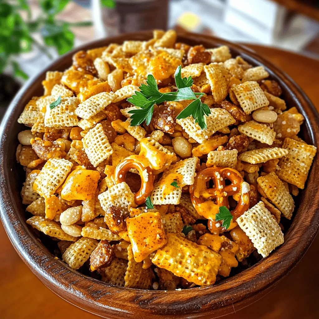 To make Buffalo Chex Mix, you need a few key ingredients. The base is made of Rice Chex and Corn Chex. Each adds a nice crunch. Next, you include mini pretzels, mixed nuts, and cheese crackers. These add variety and flavor.