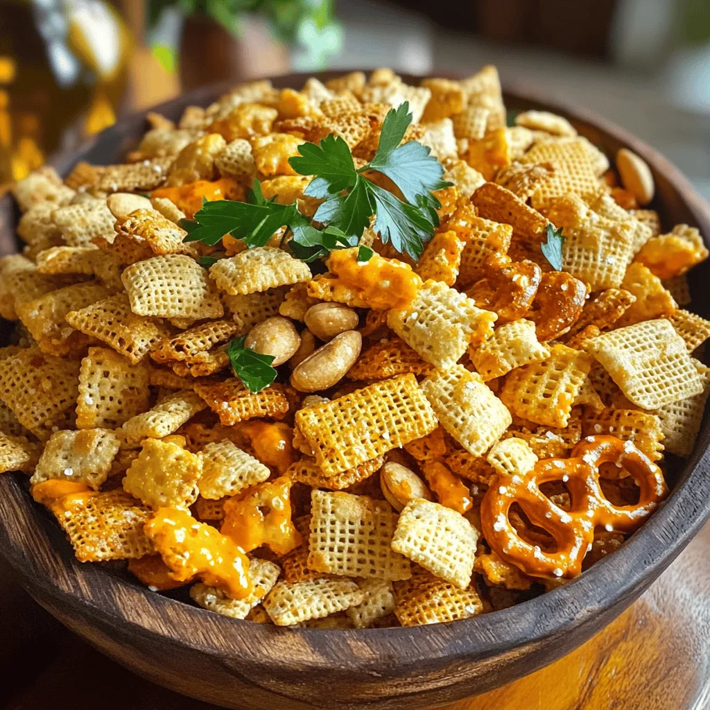 To make Buffalo Chex Mix, you need a few key ingredients. The base is made of Rice Chex and Corn Chex. Each adds a nice crunch. Next, you include mini pretzels, mixed nuts, and cheese crackers. These add variety and flavor.