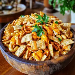 To make Buffalo Chex Mix, you need a few key ingredients. The base is made of Rice Chex and Corn Chex. Each adds a nice crunch. Next, you include mini pretzels, mixed nuts, and cheese crackers. These add variety and flavor.