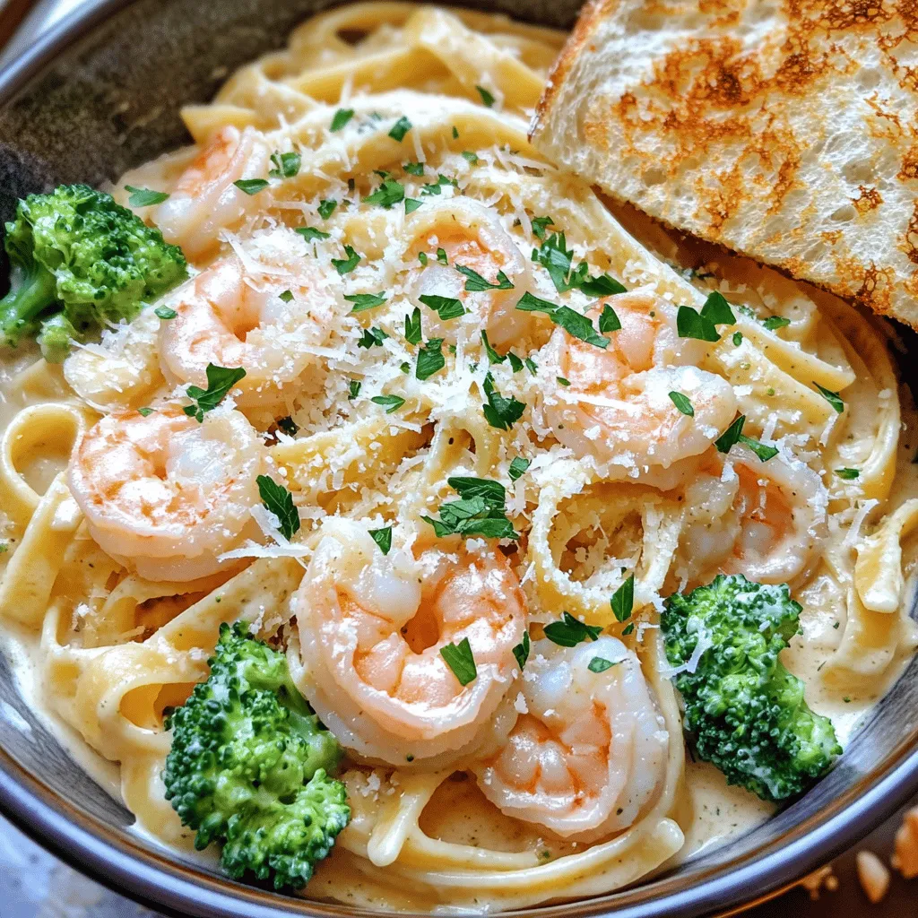 To make a tasty shrimp alfredo recipe, you need a few key ingredients. Start with <strong>8 oz of fettuccine pasta</strong>. This pasta works best for holding the creamy sauce. You will also need <strong>1 lb of shrimp</strong>, peeled and deveined. Fresh shrimp adds great flavor.” /></p>
</p>
<h2>What Variations Can You Try for Shrimp Alfredo?</h2>
</p>
<p>Many people love shrimp alfredo for its rich flavor. You can easily change it to fit your taste.</p>
</p>
<h3>What are some popular variations of Shrimp Alfredo?</h3>
</p>
<p>You can swap the pasta for gluten-free options. Zucchini noodles or rice noodles work well. These choices make it light and fresh. You can also try adding different types of seafood. Scallops or crab can add a nice twist.</p>
</p>
<h3>How can you create a shrimp alfredo with vegetables?</h3>
</p>
<p>Adding veggies makes shrimp alfredo even better. Broccoli is a classic choice. Just toss it in with your pasta during the last two minutes of cooking. You can also use spinach or bell peppers. Sauté them in the olive oil before adding the shrimp. This keeps the dish colorful and healthy.</p>
</p>
<h3>What are unique flavor twists to try in Shrimp Alfredo?</h3>
</p>
<p>For a unique taste, add a splash of lemon juice or zest. This adds brightness to the creamy sauce. You can also sprinkle in some red pepper flakes for heat. If you like herbs, fresh basil or thyme can elevate the flavor.</p>
</p>
<p>To get started, check out the full recipe. It’s a great way to explore these delicious variations!</p>
</p>
<h2>What Are Some Serving Suggestions and Pairings for Shrimp Alfredo?</h2>
</p>
<p>Shrimp Alfredo is a rich dish that pairs well with many sides.</p>
</p>
<h3>What side dishes complement Shrimp Alfredo?</h3>
<p>For a balanced meal, serve Shrimp Alfredo with a green salad. The fresh greens add a bright contrast. Garlic bread is another great choice. It soaks up the creamy sauce. You can also serve it with steamed broccoli. This adds color and nutrition to the plate.</p>
</p>
<h3>How can you enhance your Shrimp Alfredo presentation?</h3>
<p>To make your Shrimp Alfredo look stunning, use a large, white plate. This makes the colors pop. Create a nest with the fettuccine. Top it with shrimp and sauce. Add a sprinkle of fresh parsley for color. You can also add extra grated Parmesan on top. Serve with toasted garlic bread on the side for a full meal.</p>
</p>
<h3>What wines pair well with Shrimp Alfredo?</h3>
<p>A crisp white wine pairs best with Shrimp Alfredo. Try a Chardonnay or a Pinot Grigio. These wines complement the creamy sauce without overpowering it. If you prefer red, a light Pinot Noir is a good option. It adds a nice flavor balance to the dish. Enjoy your meal with the perfect drink!</p>
</p>
<p><img decoding=